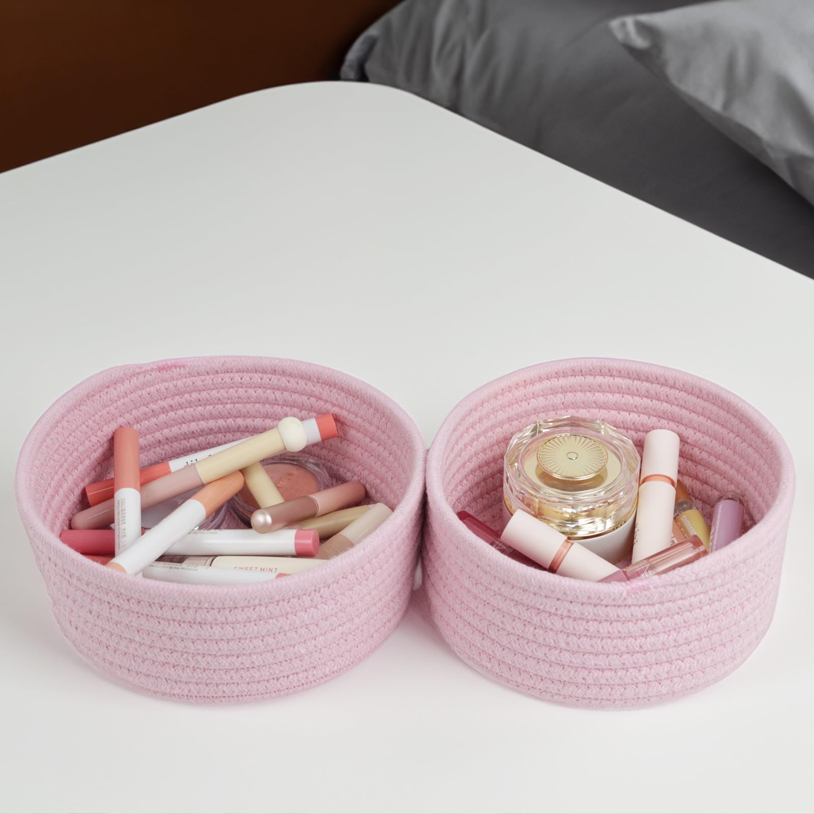 Togous small storage basket pink set 3 stacked showcases space-saving, multi-basket organization.