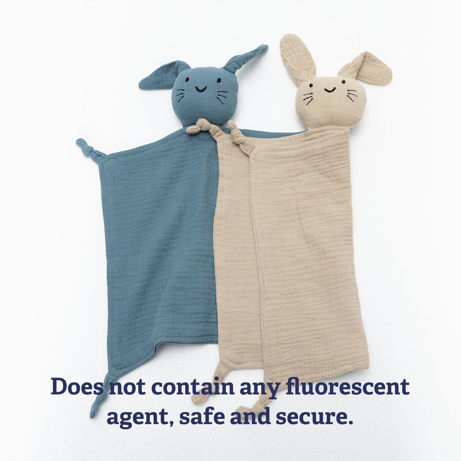 TOHARA bunny lovey blue embroidery close-up highlights safe stitched facial features