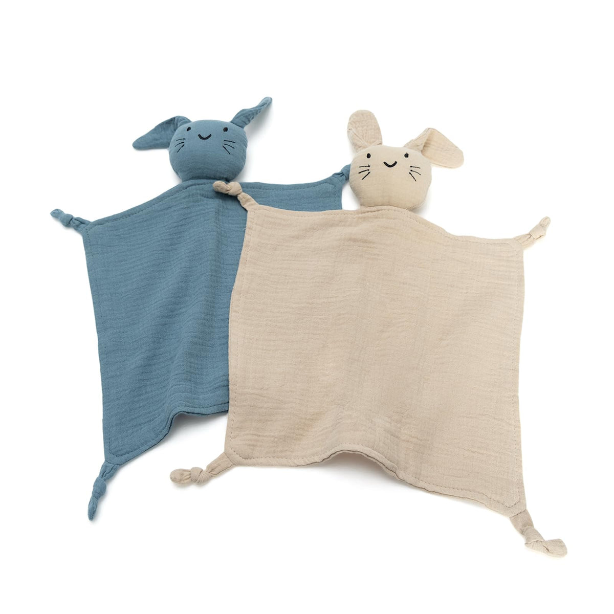TOHARA bunny lovey blue close-up shows soft organic cotton muslin for newborn comfort