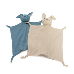 TOHARA bunny lovey blue close-up shows soft organic cotton muslin for newborn comfort