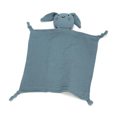 TOHARA lovey blue bear closeup highlights organic cotton texture for gentle baby comfort.