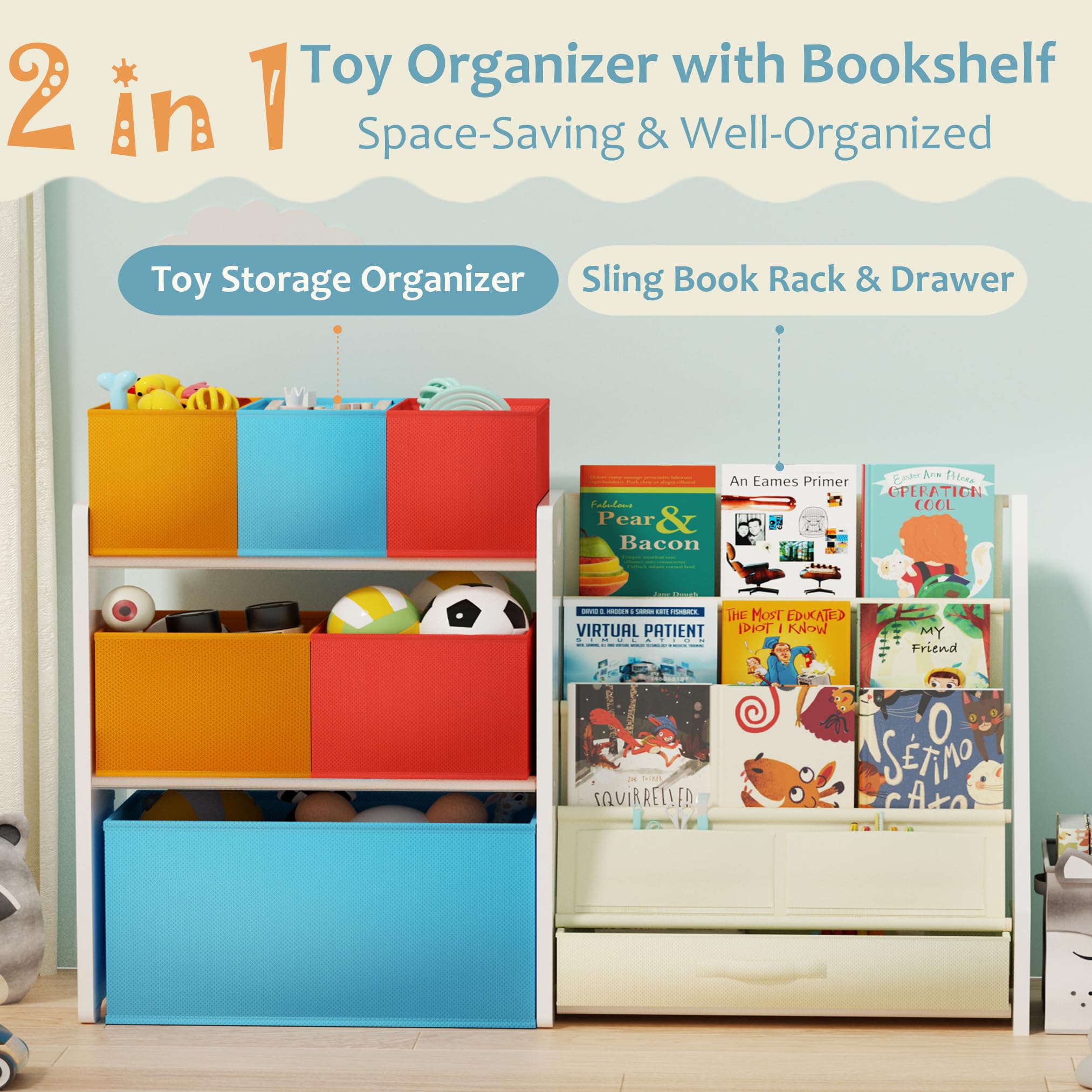 Tohiasen front-facing book rack—easy book selection for little readers.