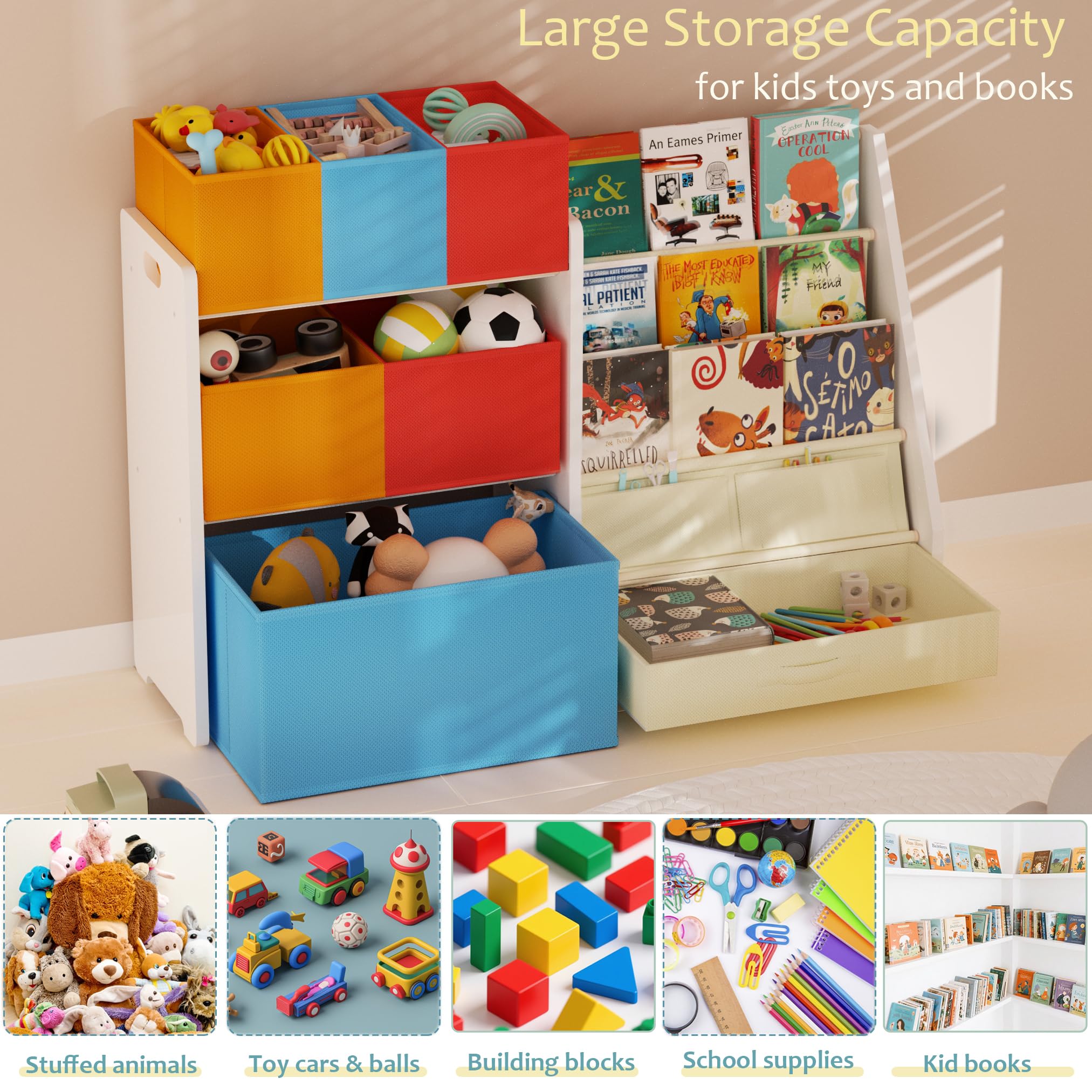 Tohiasen toy organizer bookshelf with 3-tier storage for varied items.