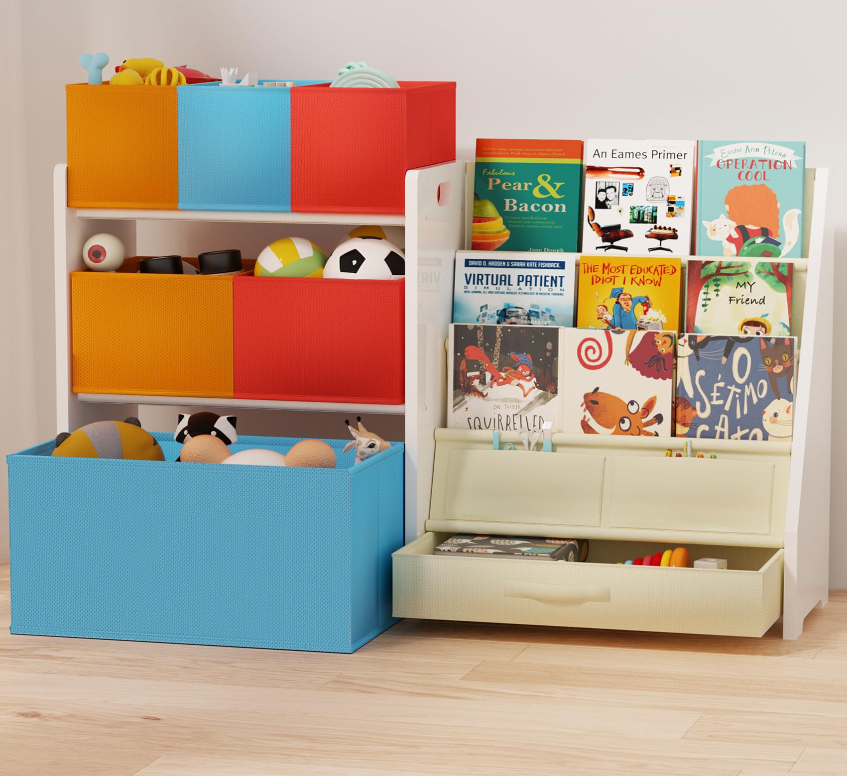 Tohiasen toy organizer bookshelf with bins—easy reach storage for kids' toys.