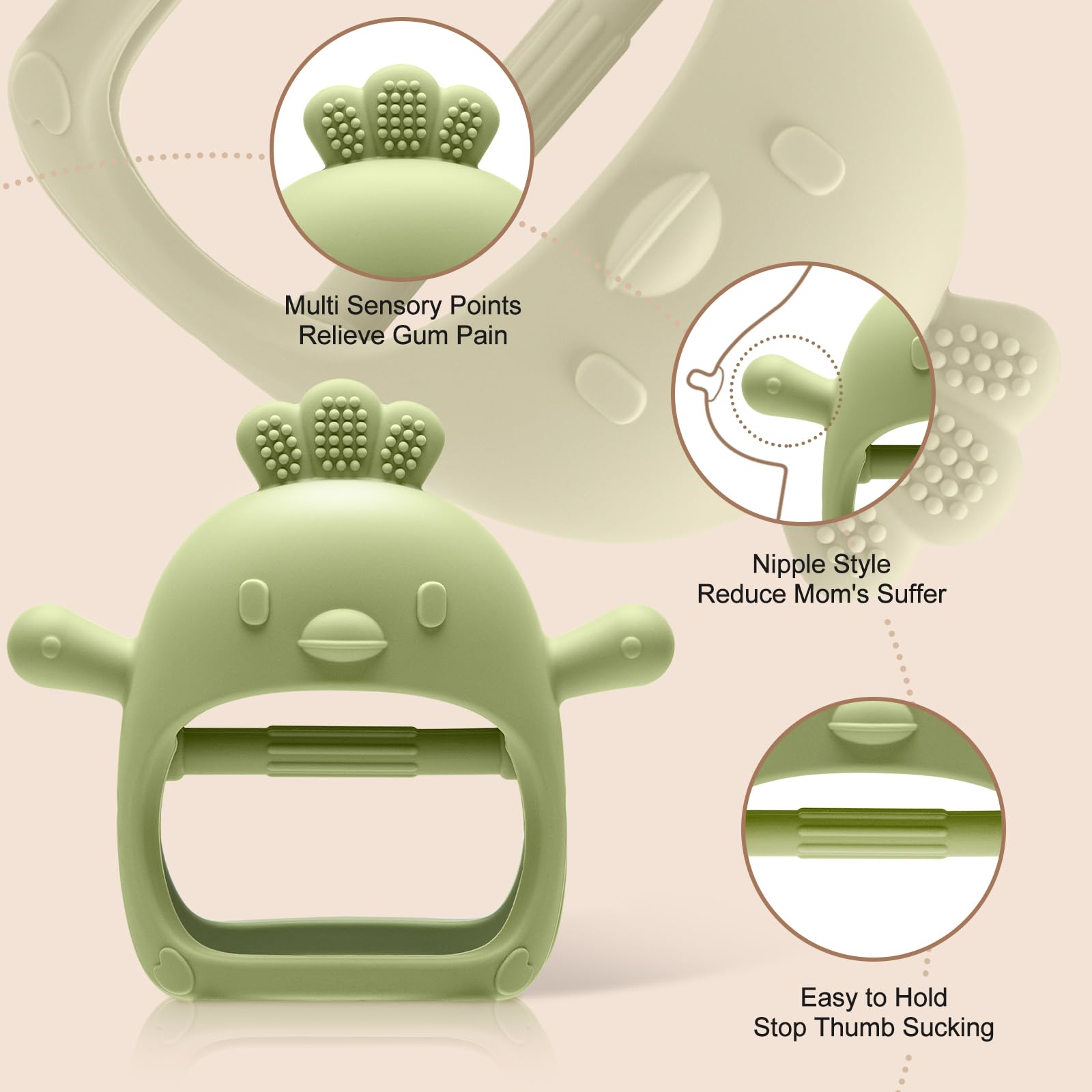 TOHIBEE baby teether texture close-up highlights soft silicone chewing surfaces.