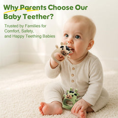 TOHIBEE cow design teether close-up showing durable silicone textures