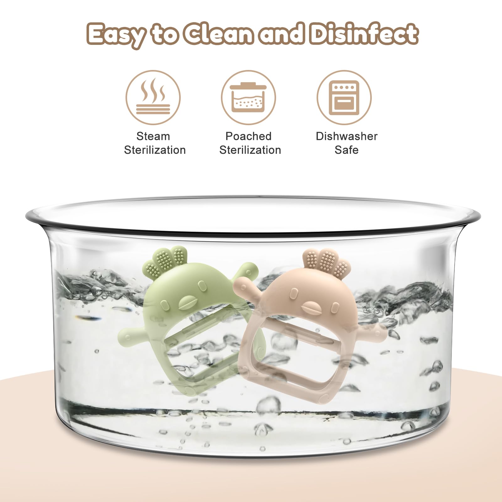 TOHIBEE teether cleaning-ready image shows dishwasher and steam-safe care.