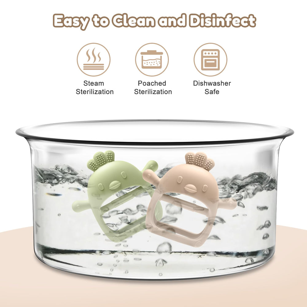 TOHIBEE teether cleaning-ready image shows dishwasher and steam-safe care.