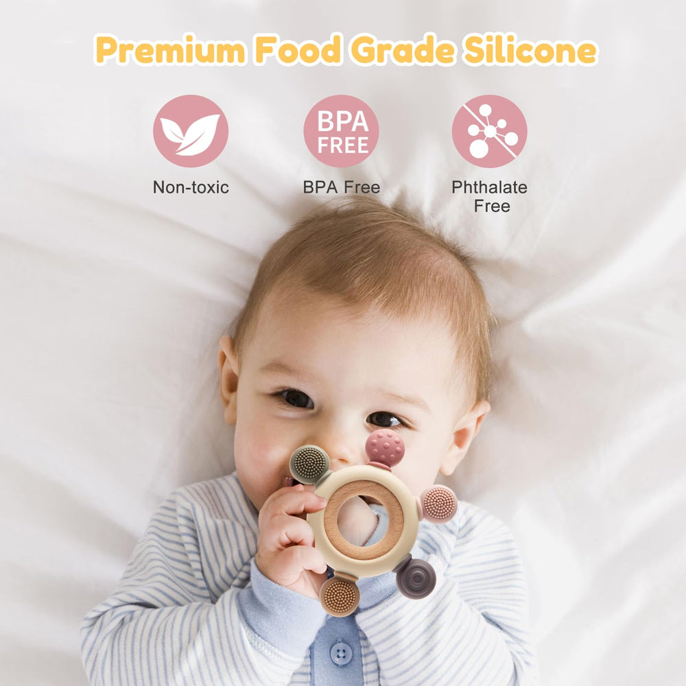 TOHIBEE baby teether made of soft silicone, BPA-free for gentle chewing.
