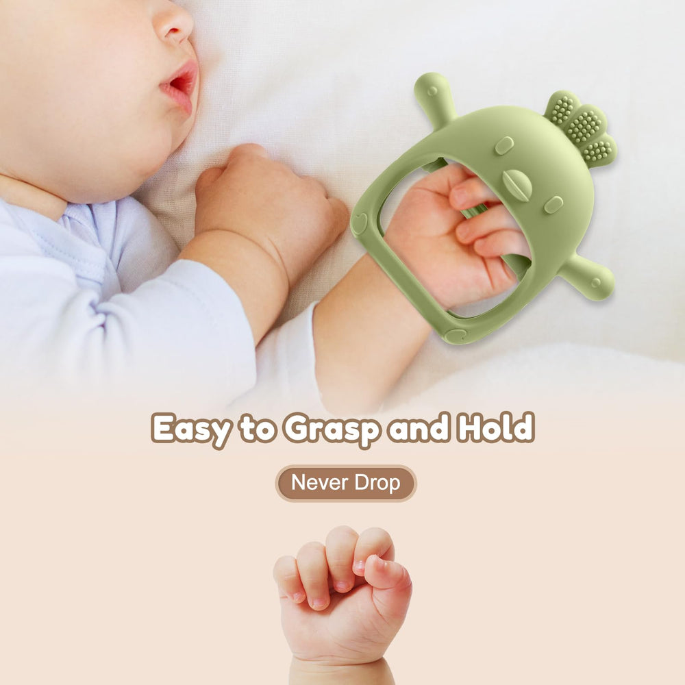 TOHIBEE teething mitten on baby hand demonstrates hands-free access.