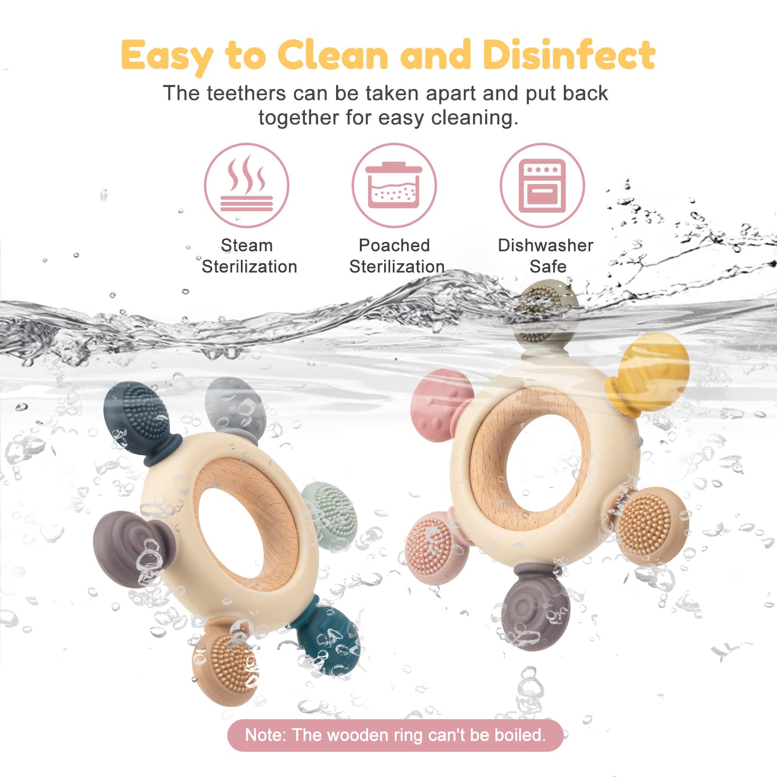 TOHIBEE teether with wooden ring designed for easy grasping by babies.