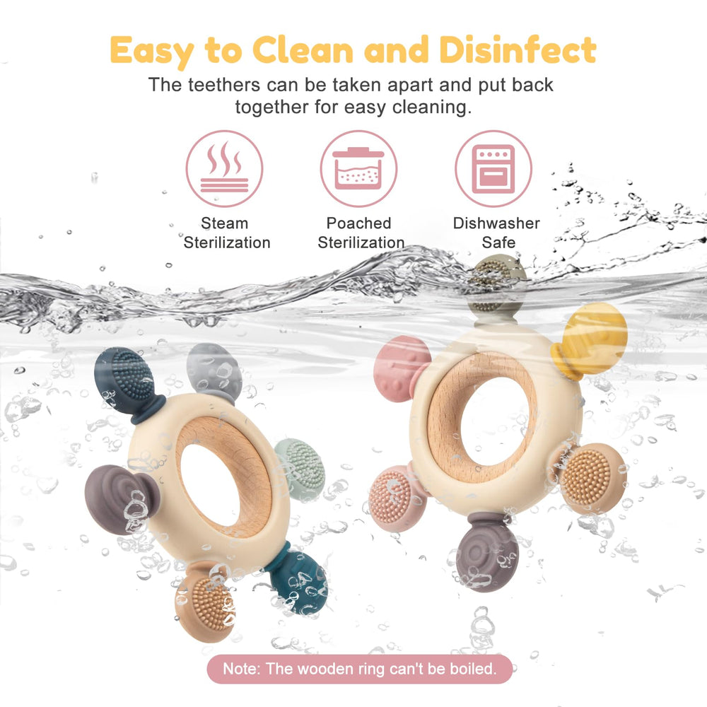 TOHIBEE teether with wooden ring designed for easy grasping by babies.