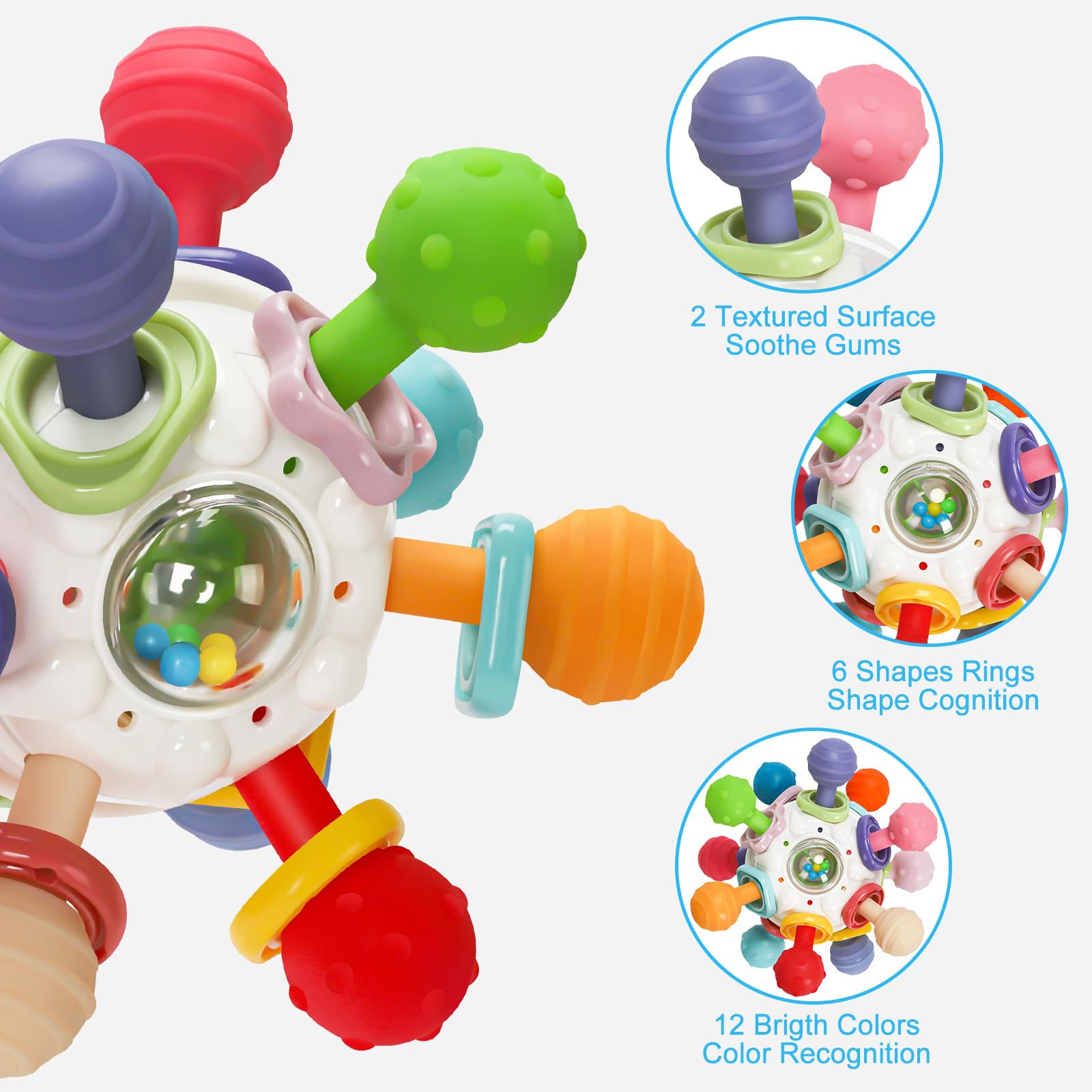 TOHIBEE twisting ball provides click sensations to develop hand-eye coordination.