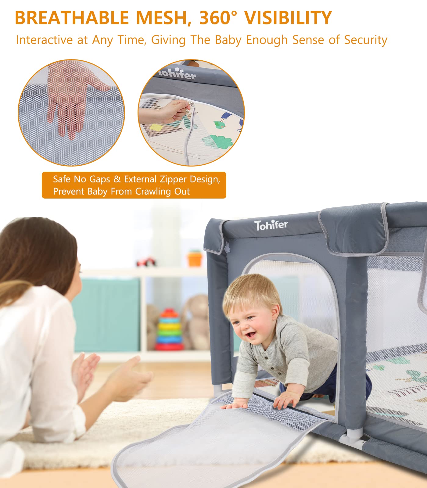 TOHIFER playpen 360-degree mesh offers clear visibility and safer supervision