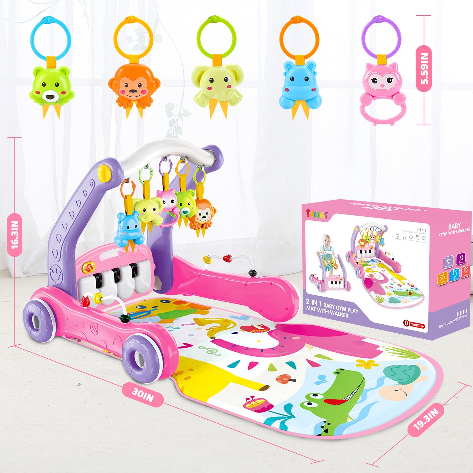 Toidgy adjustable top handle adapts to baby height for comfortable play.