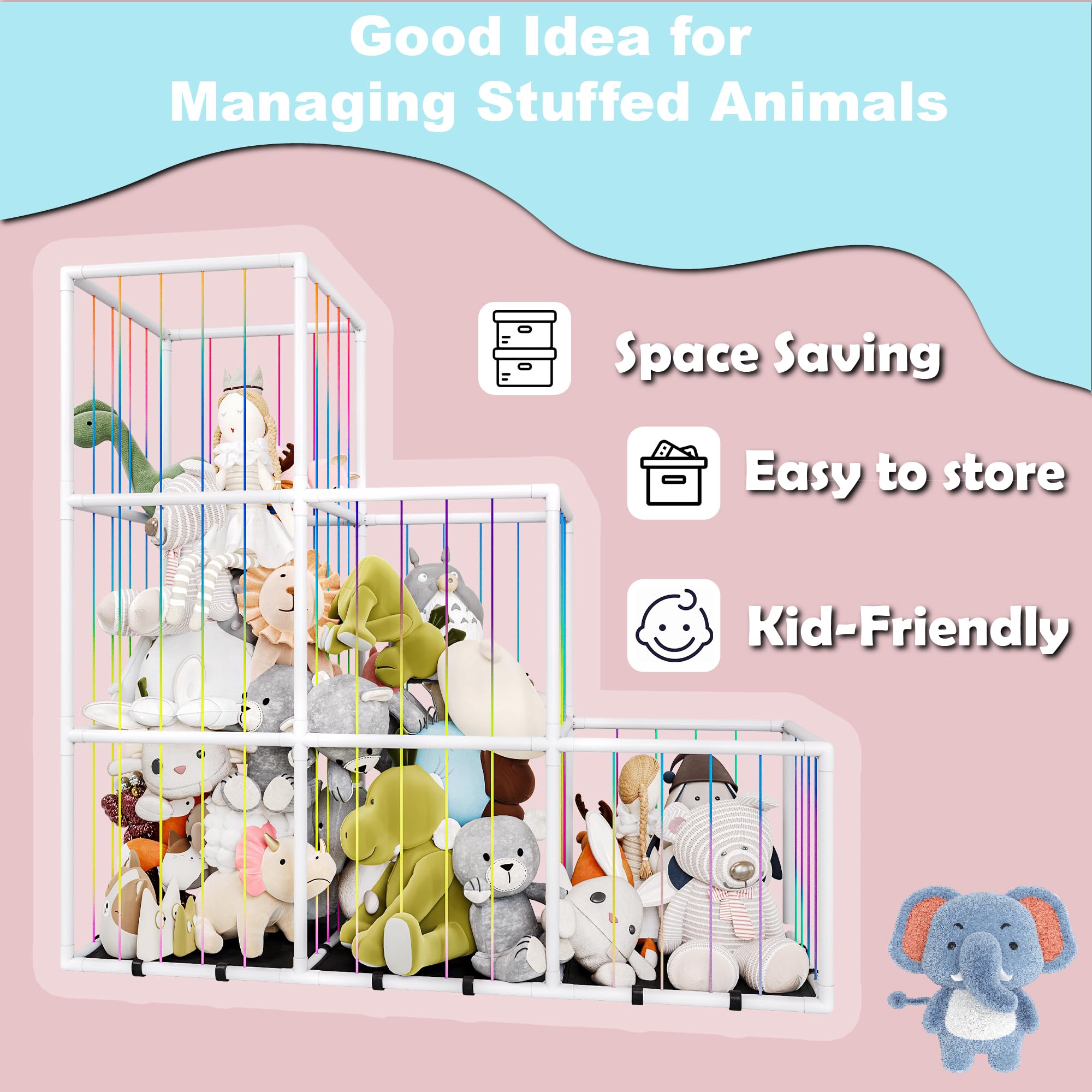 Toliyy elastic cord stores toys with easy access and removal.
