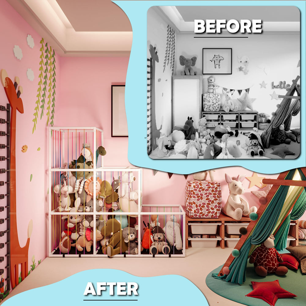 Toliyy kids' room organization with a playful plush storage solution.