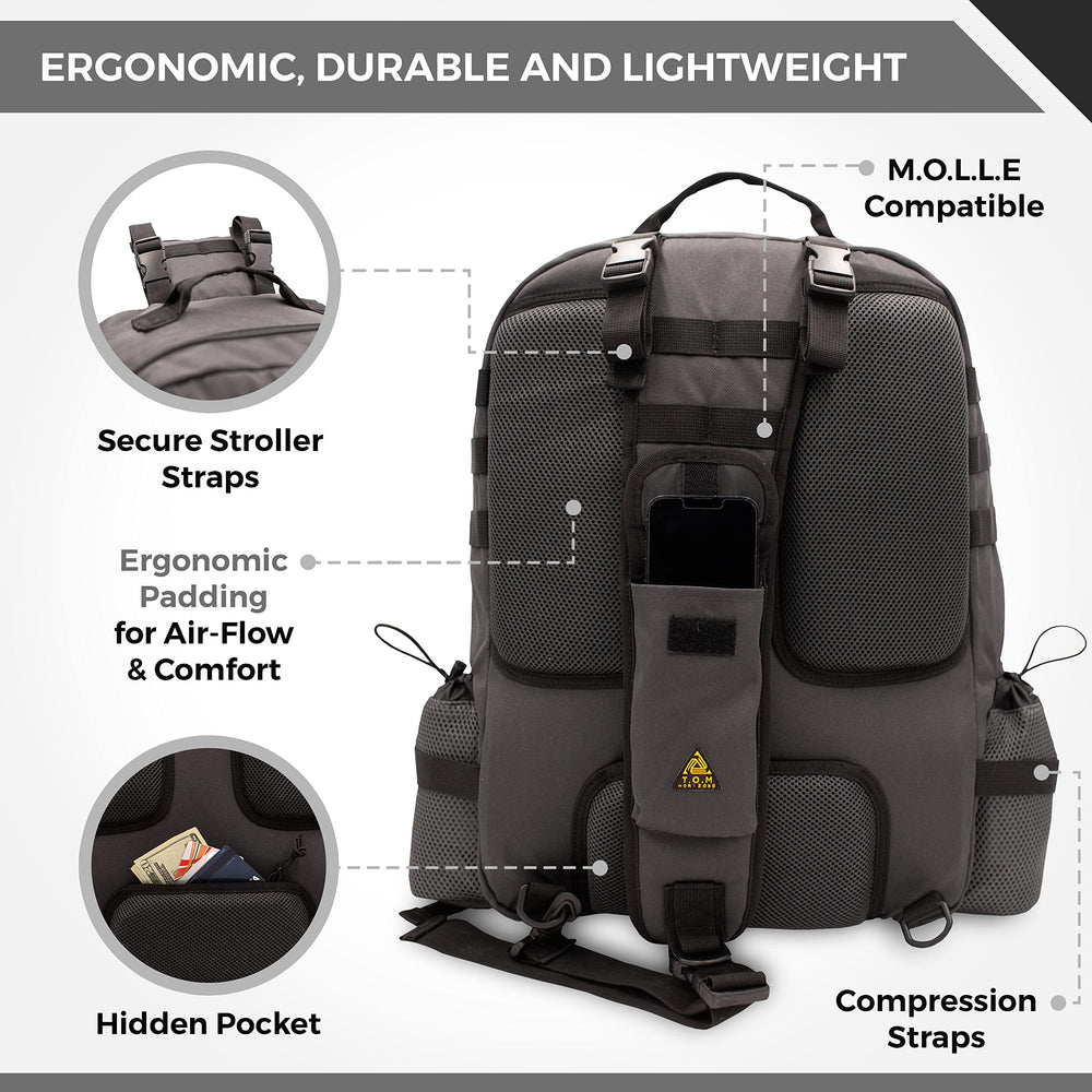 T.O.M HORIZONS ergonomic back padding provides comfortable carrying.