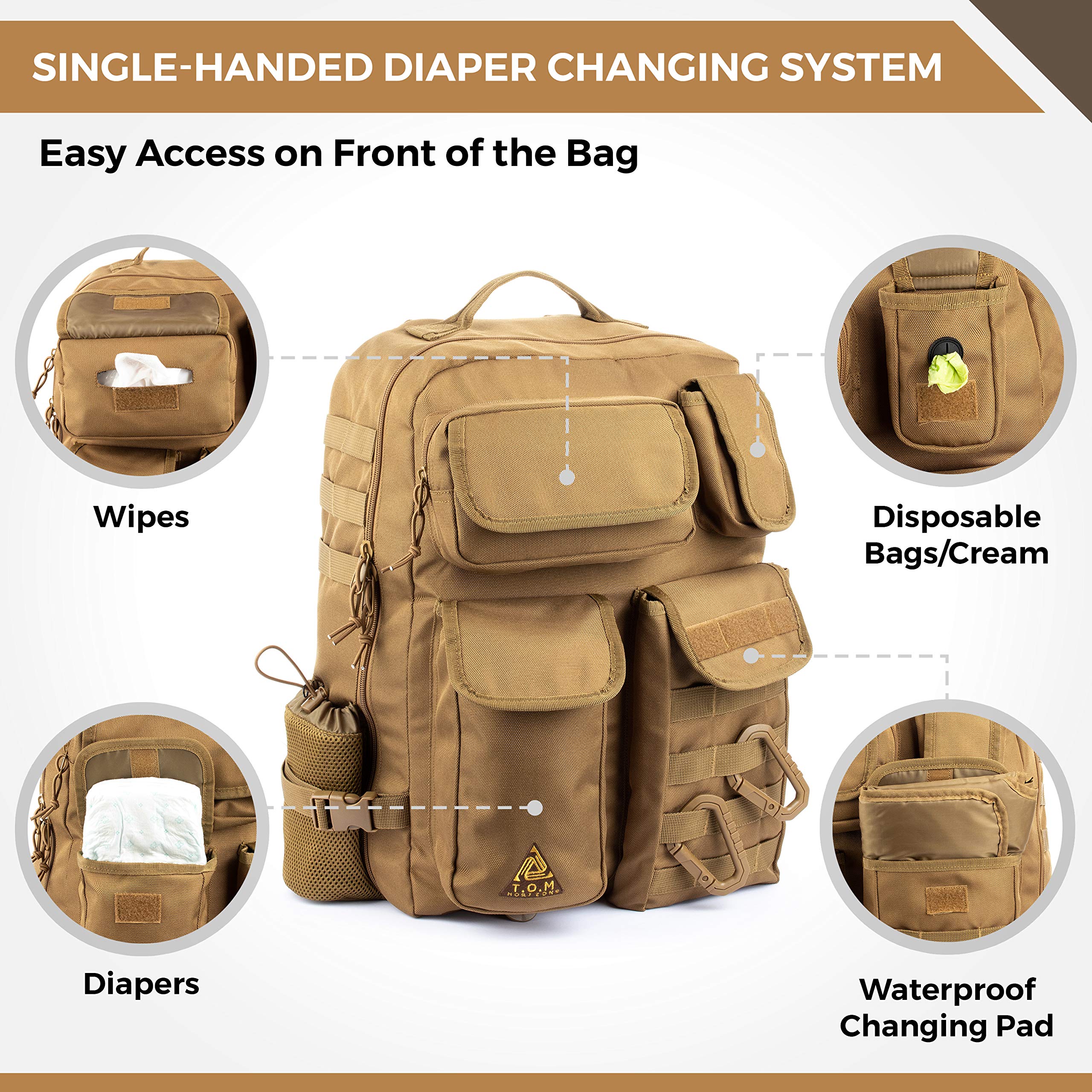 T.O.M HORIZONS Waterproof changing pad included for clean, on-the-go changes.