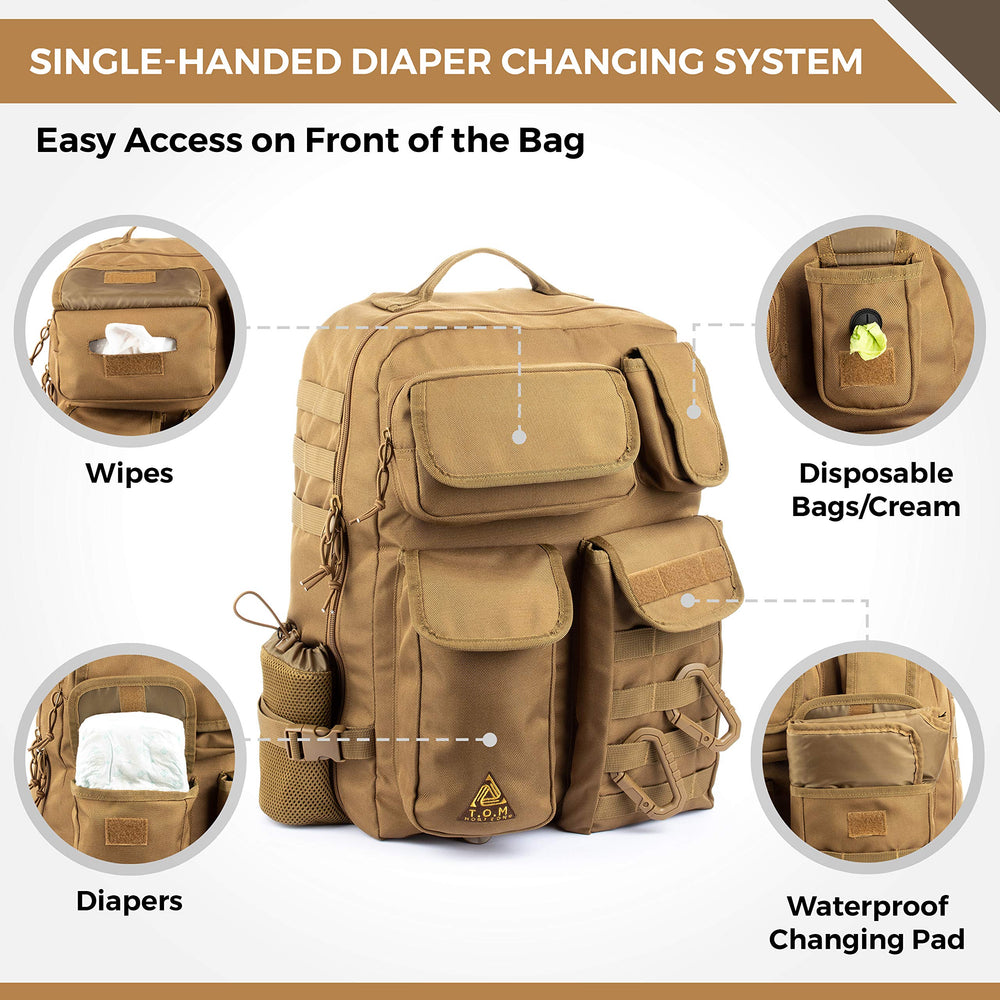T.O.M HORIZONS Waterproof changing pad included for clean, on-the-go changes.