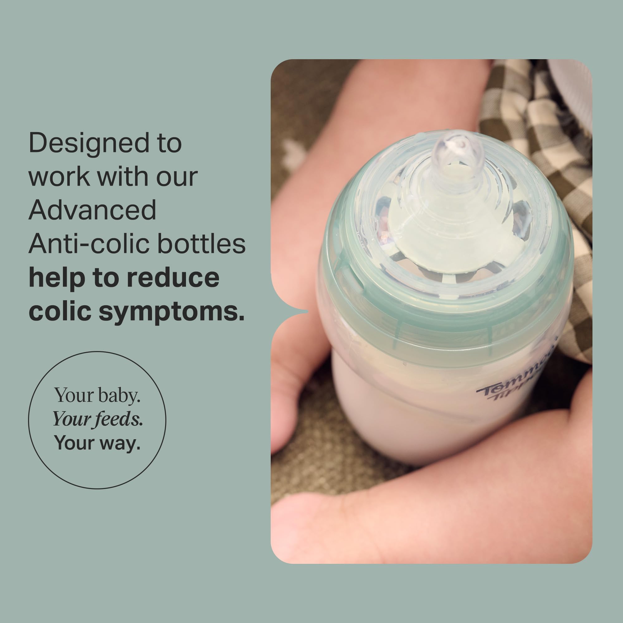 Tommee Tippee breast-like nipple close-up emphasizes skin-like feel and flex for feeding ease