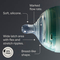 Tommee Tippee breast-like nipple close-up demonstrates flexible, skin-like feel for a comfortable latch.