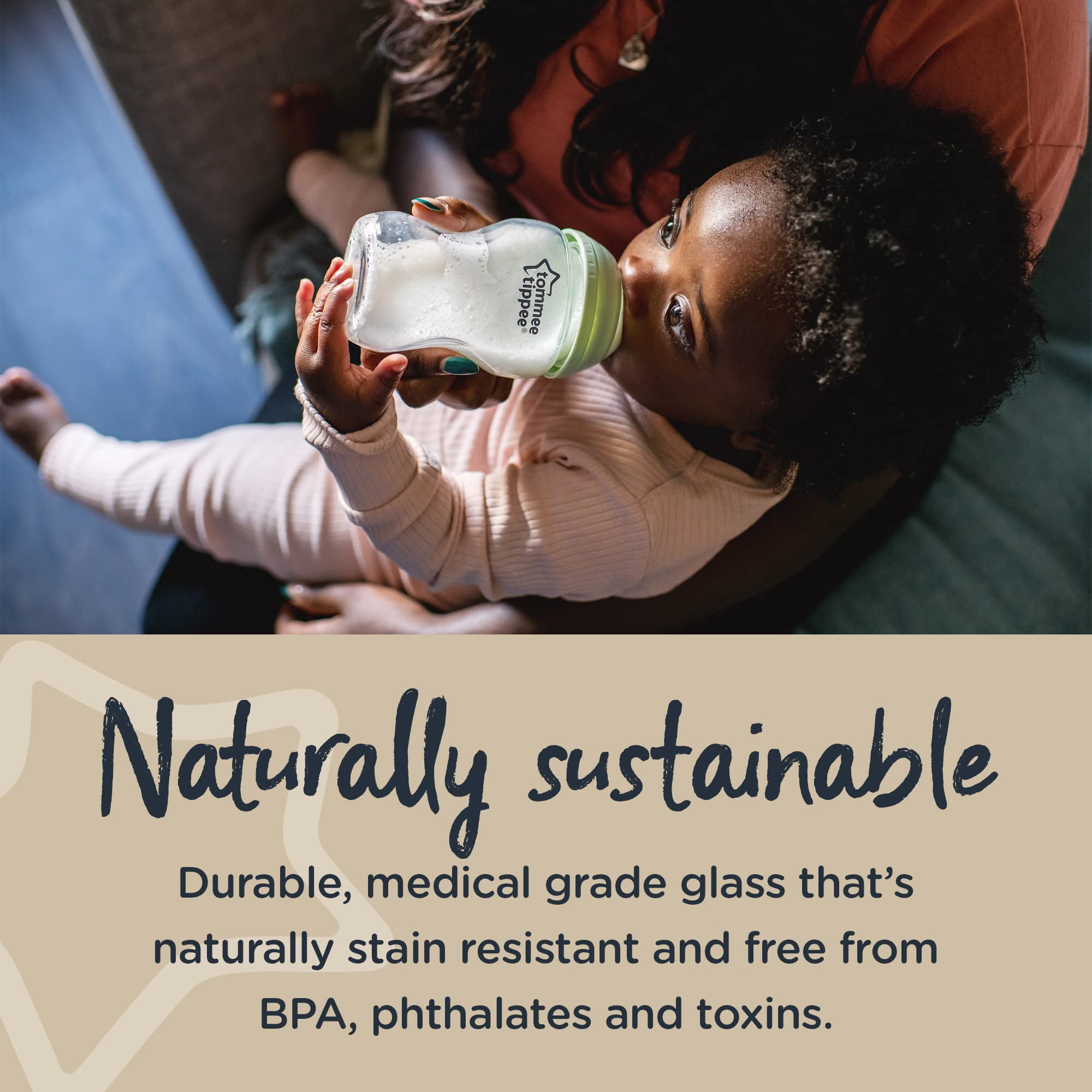 Tommee Tippee medical-grade borosilicate glass bottle resists odors and stains
