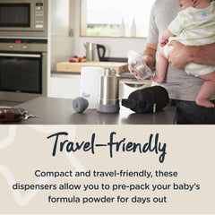 Tommee Tippee dispensers showing compatibility with 150 ml and 260 ml bottles for easy prep