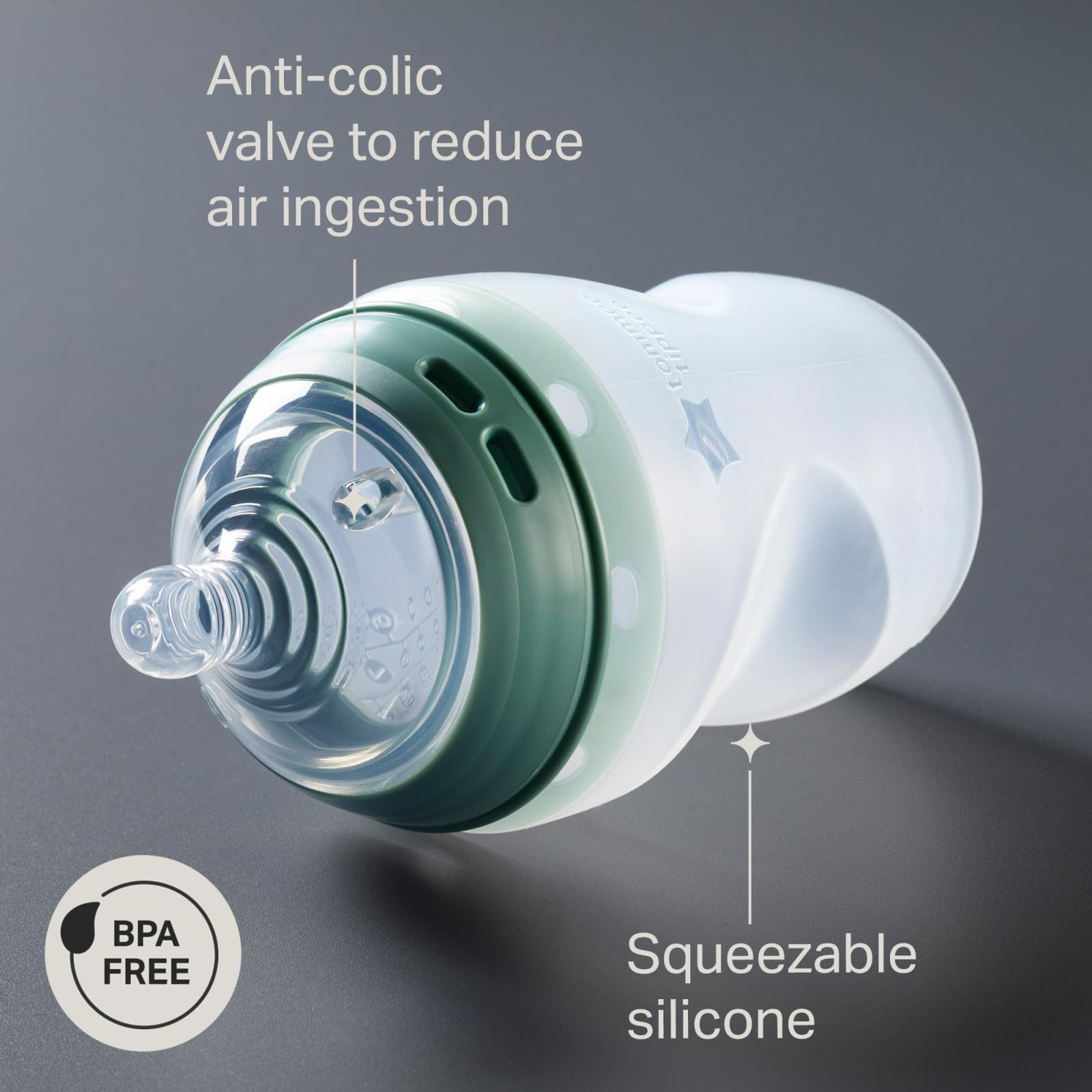 Tommee Tippee leakproof bottle demonstrates mess-free feeding when tipped.