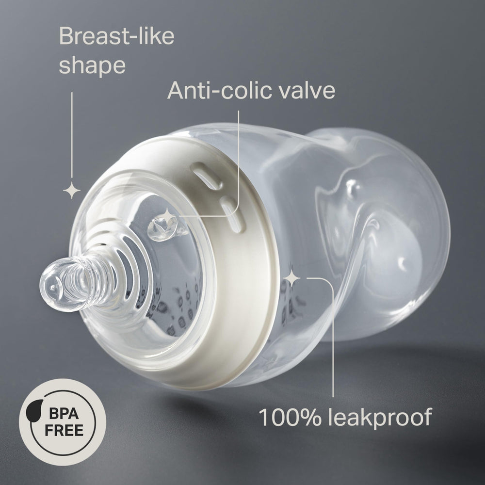 Tommee Tippee Natural Start 11oz bottle close-up with clear measurement markings.