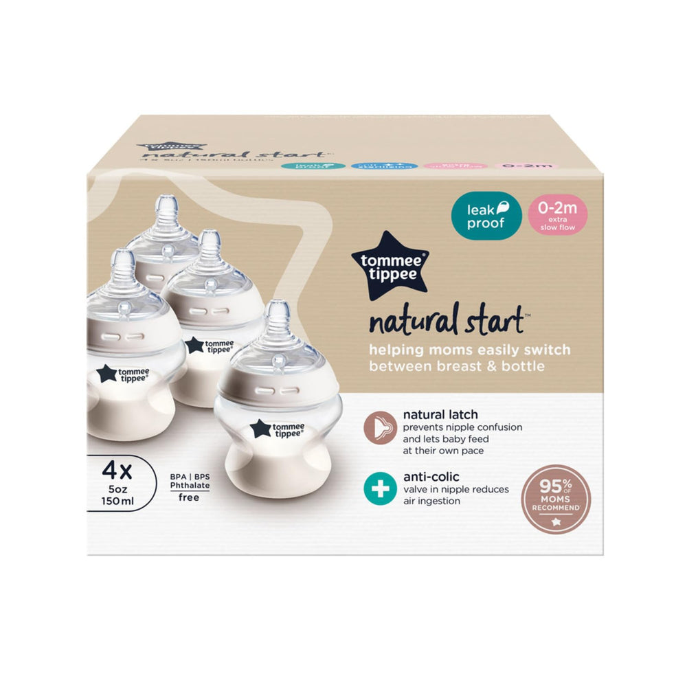 Tommee Tippee Natural Start pack-4-bottles image conveys ready-to-use feeding solution.