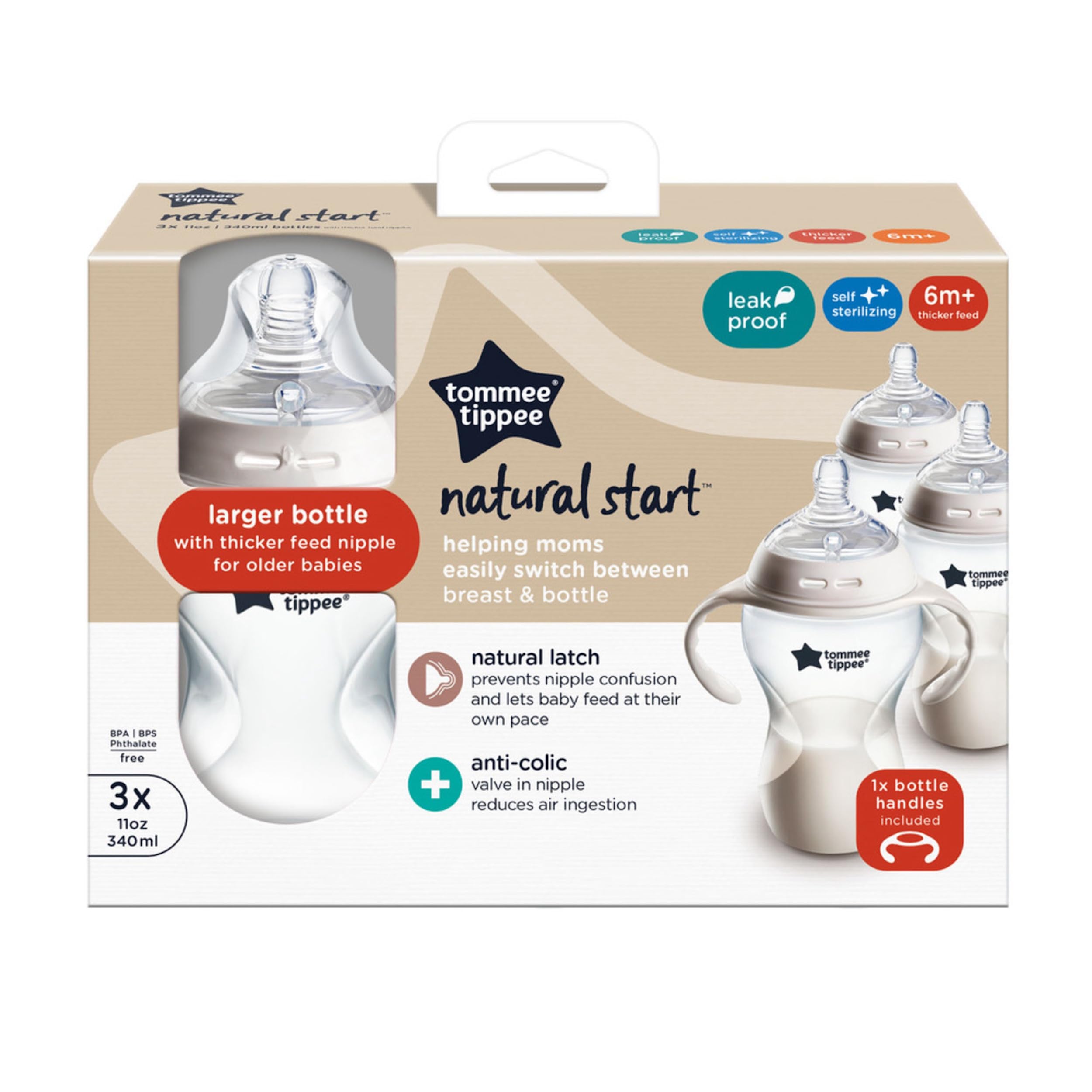 Tommee Tippee Natural Start pack-3 display highlights a value set for families.