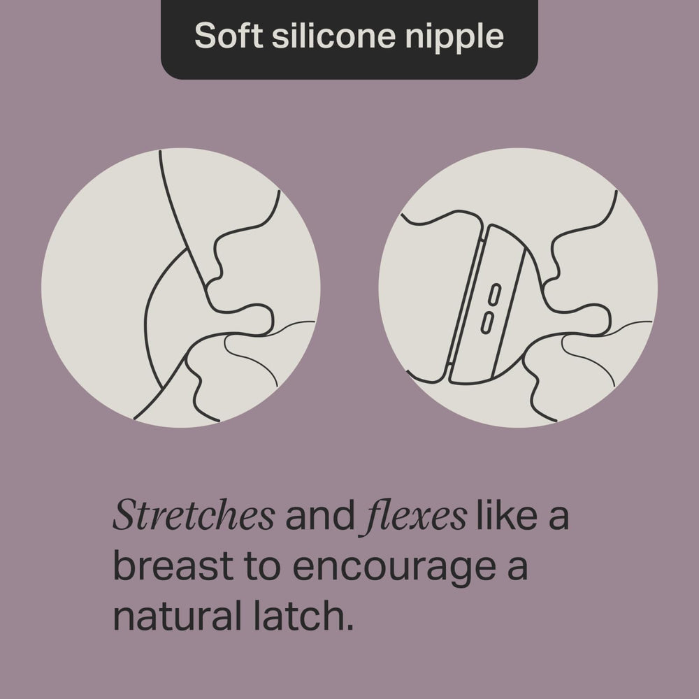 Tommee Tippee pace-feeding nipple flexes like breast for baby-paced feeds.