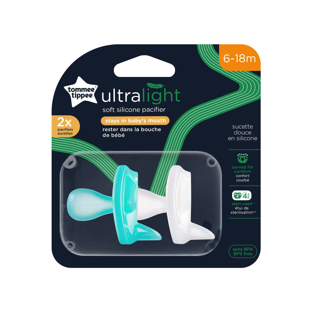Tommee Tippee Ultra-Light Pacifier 6-18 months pack in blue and white for easy identification.