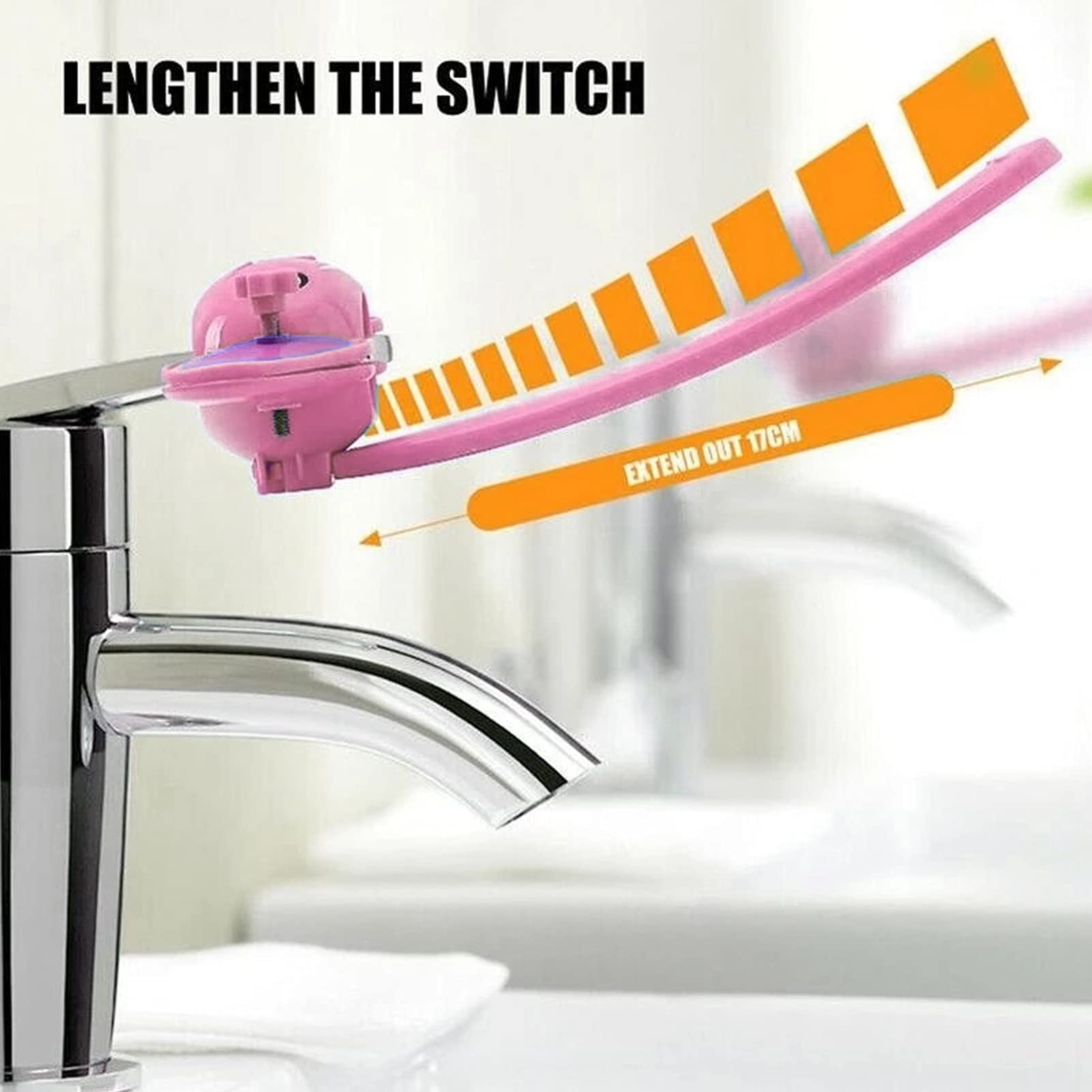 Tomotato cartoon faucet extender pink side view demonstrates accessible handle for small hands.