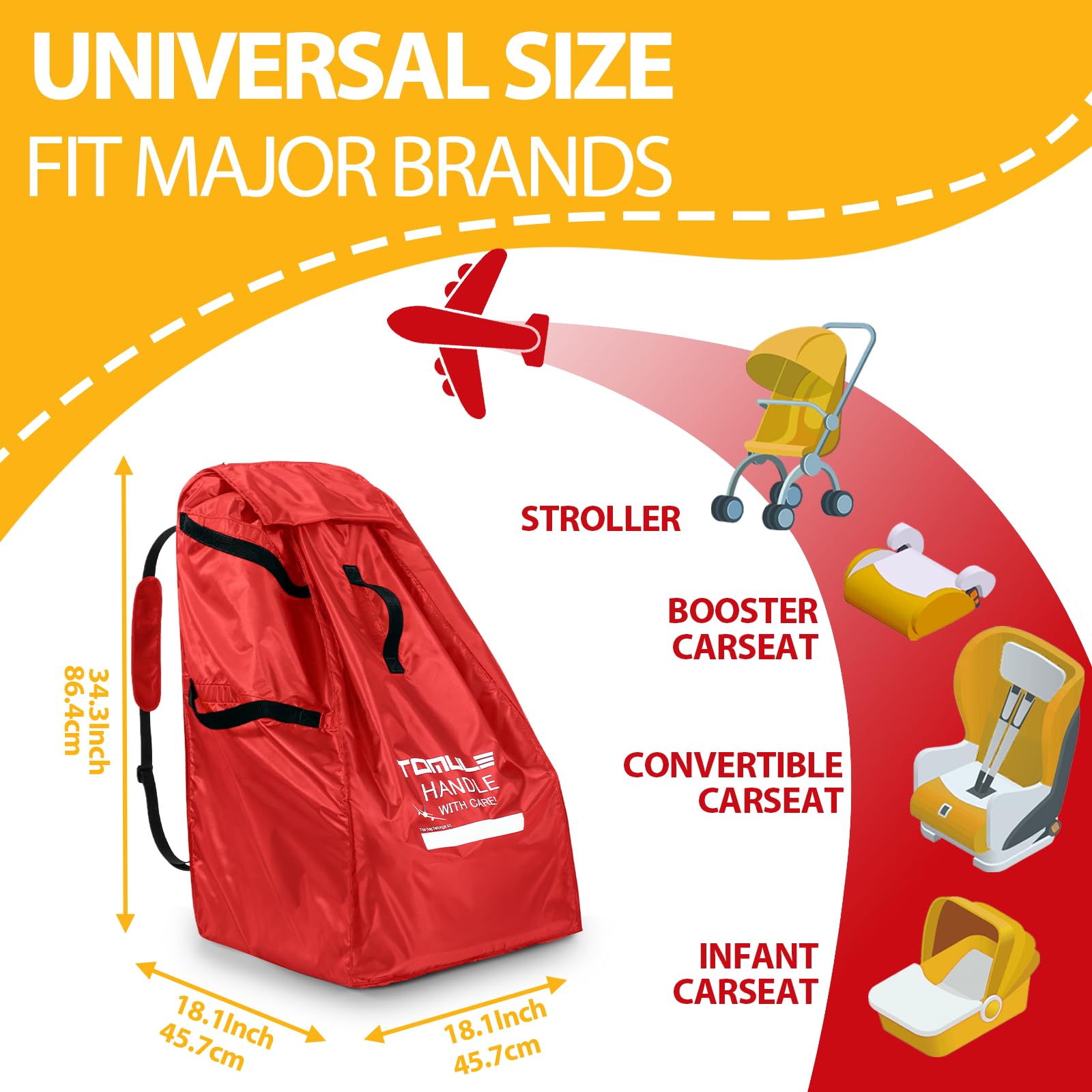 TOMULE car seat bag with padded shoulder strap for comfortable travel.