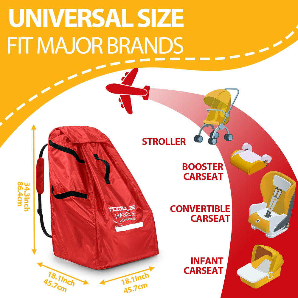 TOMULE car seat bag with padded shoulder strap for comfortable travel.