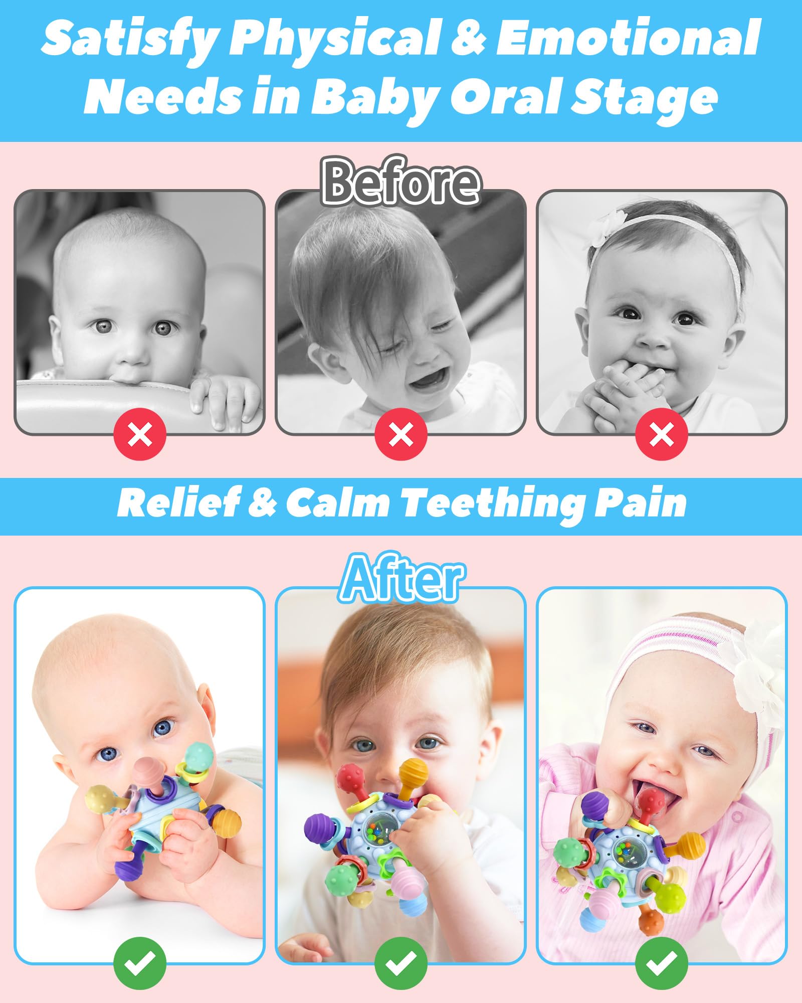 Tonberless baby teether shake-click attracts attention with engaging sound and grip training