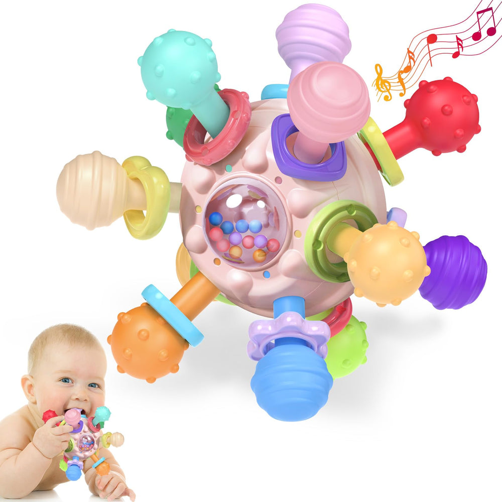 Tonberless baby teething toy pink side view helps gums massage and stimulates sensory development.