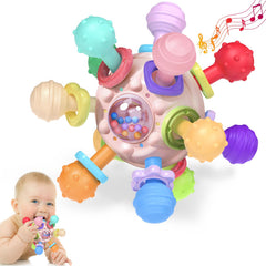 Tonberless baby teething toy pink side view helps gums massage and stimulates sensory development.