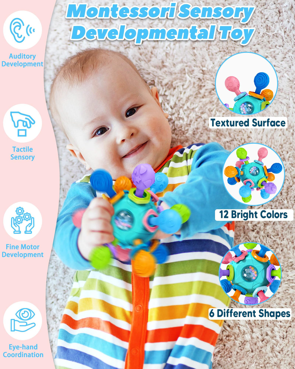 Tonberless teething toy textures provide gum-massage and sensory exploration