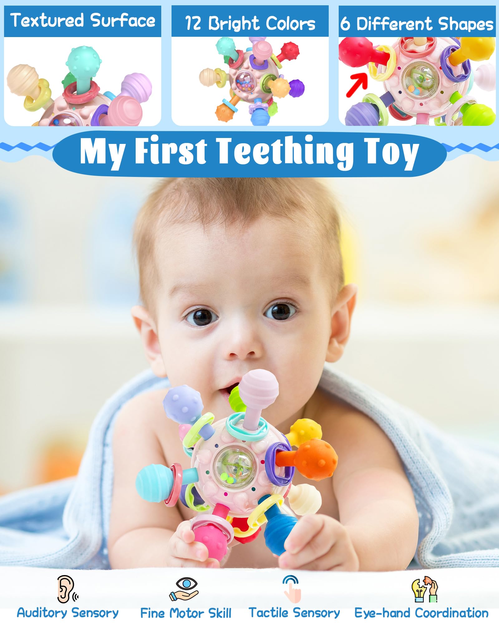 Tonberless textured teether pink showcases multi-texture surfaces for oral exploration.