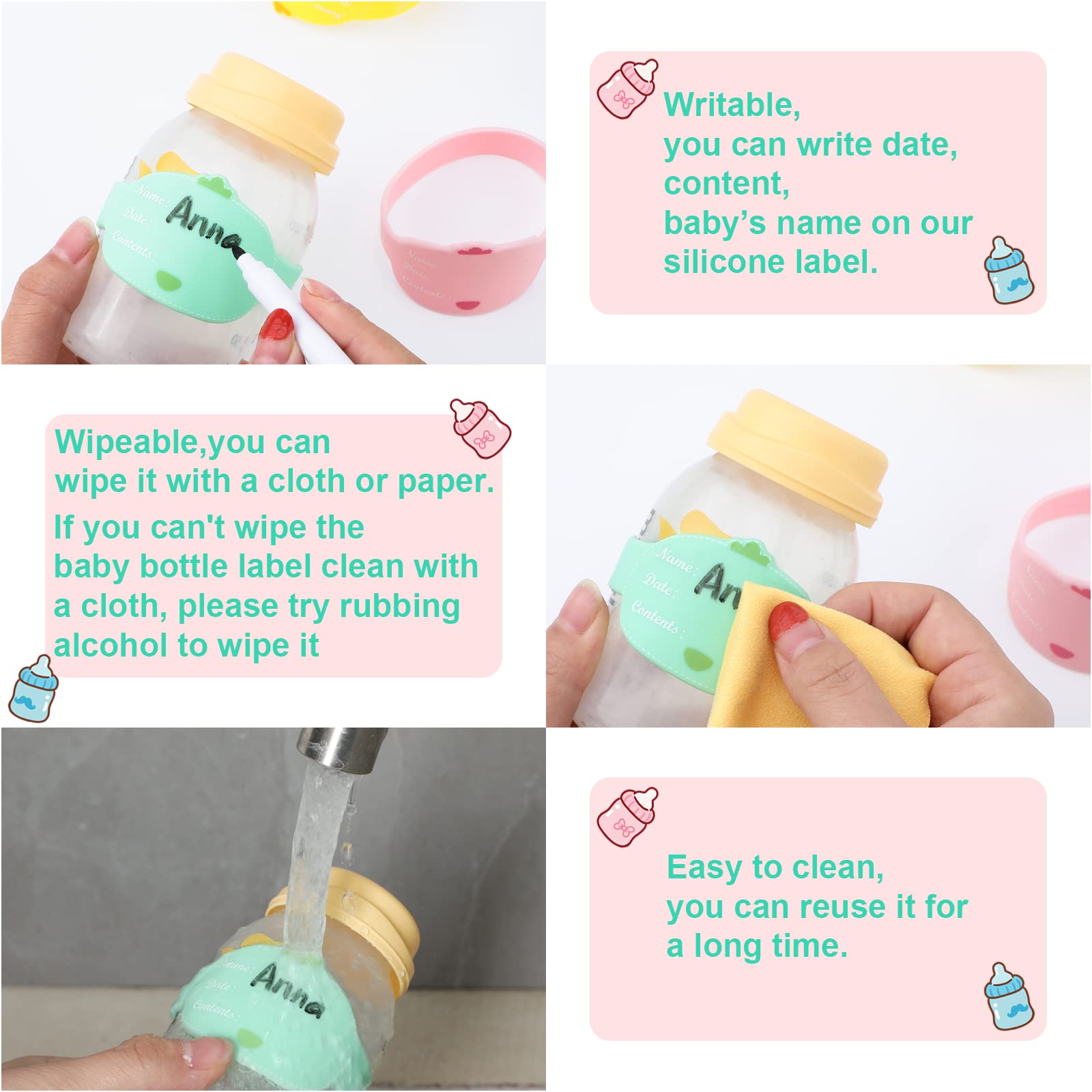 Tondiamo chicken-design labels add appeal to baby bottle tags.