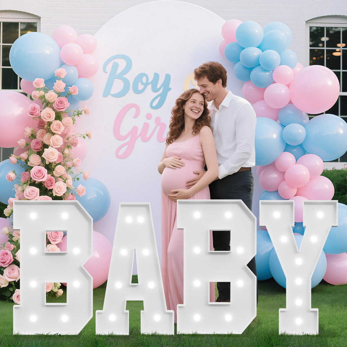 Tongjoy baby marquee letters brighten the baby shower backdrop with warm light.