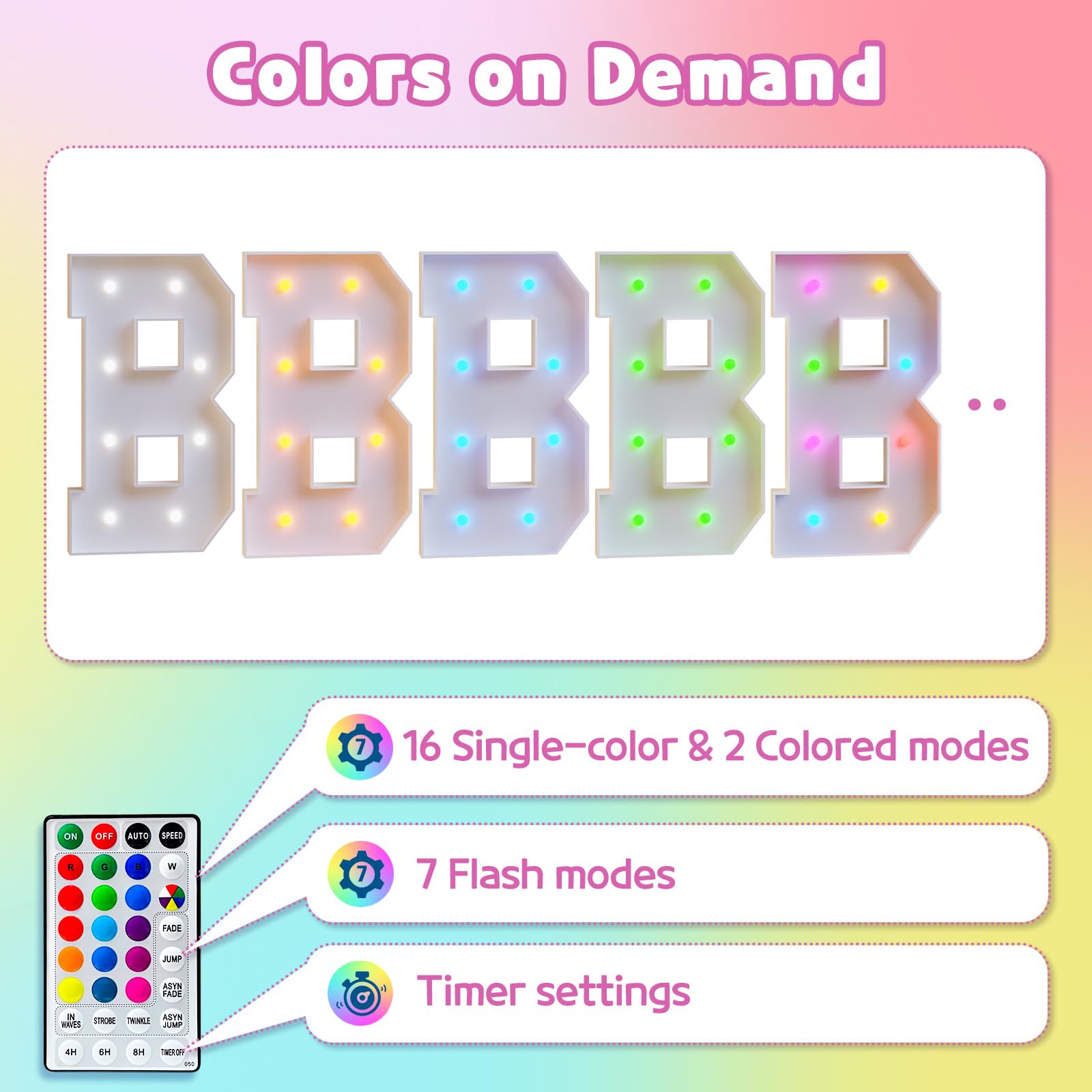 Tongjoy remote-controlled marquee lights switch colors for party mood quickly.