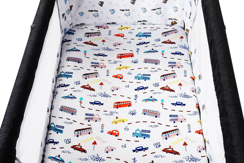 Tontukatu bassinet sheet 3-pack color palette red green blue conveys cheerful nursery vibes.