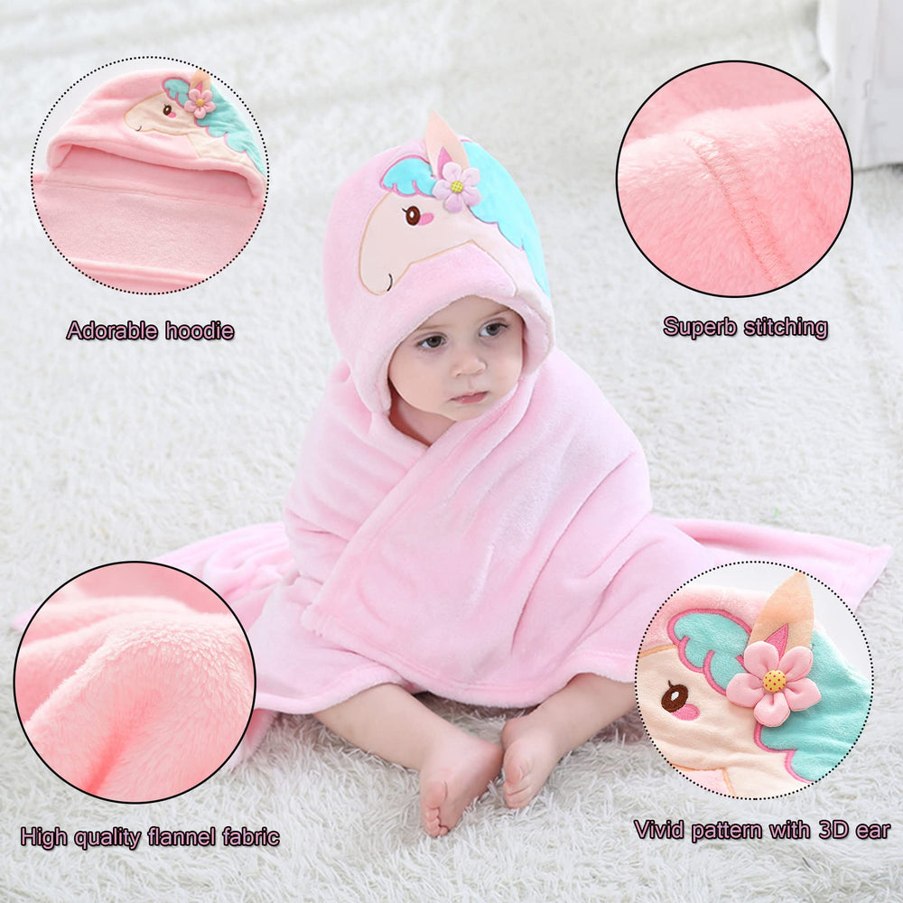 TONWHAR pink horse hooded blanket worn on baby for warmth and cuddling