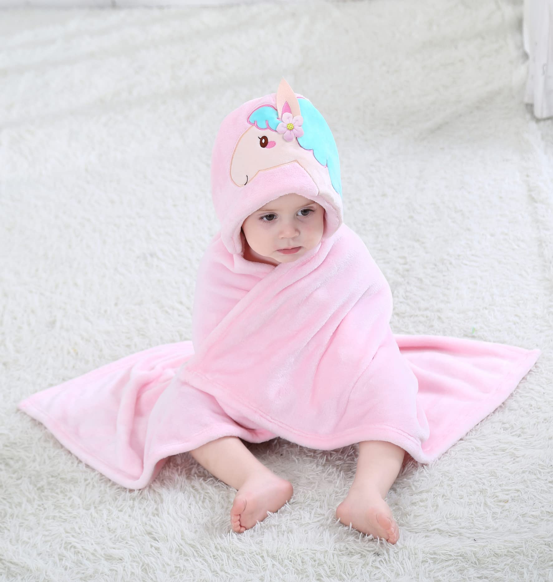 TONWHAR pink horse hooded blanket machine-washable for easy care