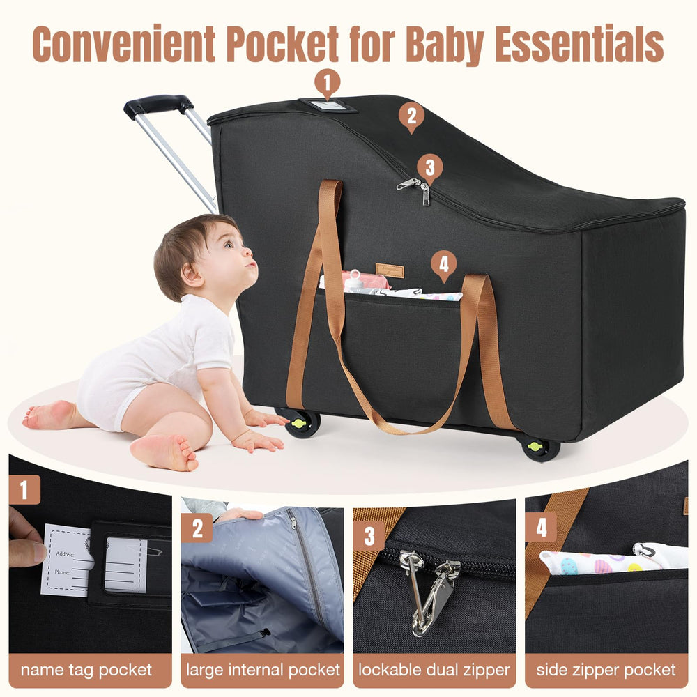 Tonyeee car seat travel bag folds flat for compact storage.