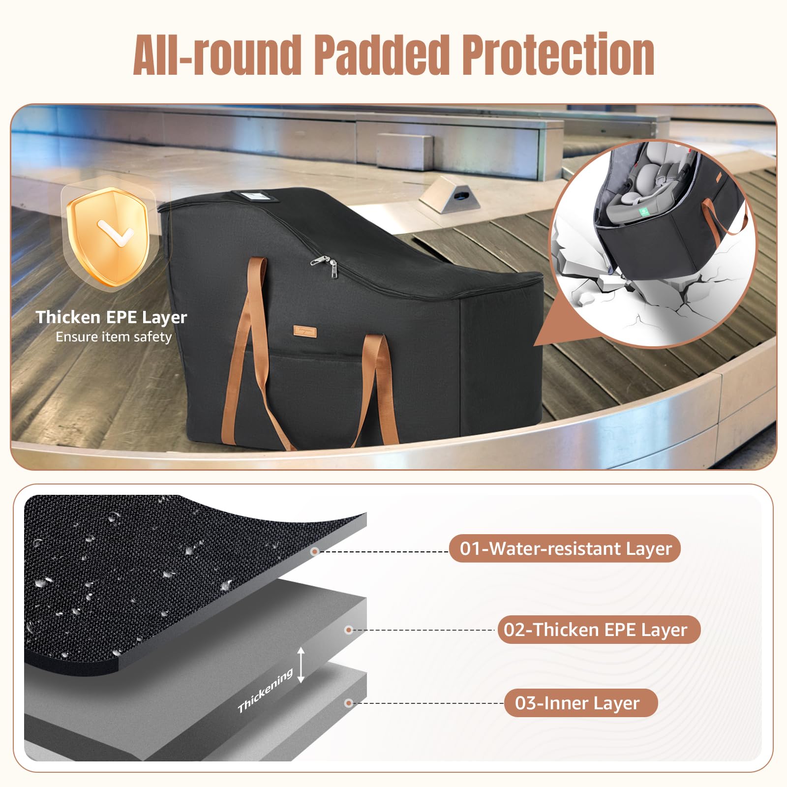 Tonyeee car seat travel bag uses water-resistant fabric keeps gear dry.